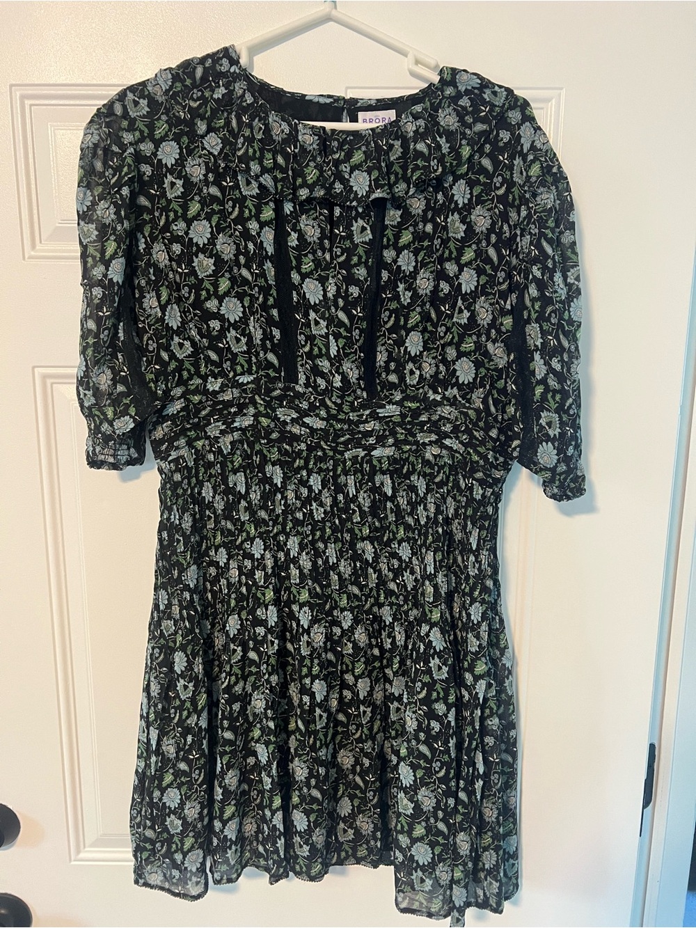 Floral Smocked Waist Black & Green Casual Dress by UK brand Brora